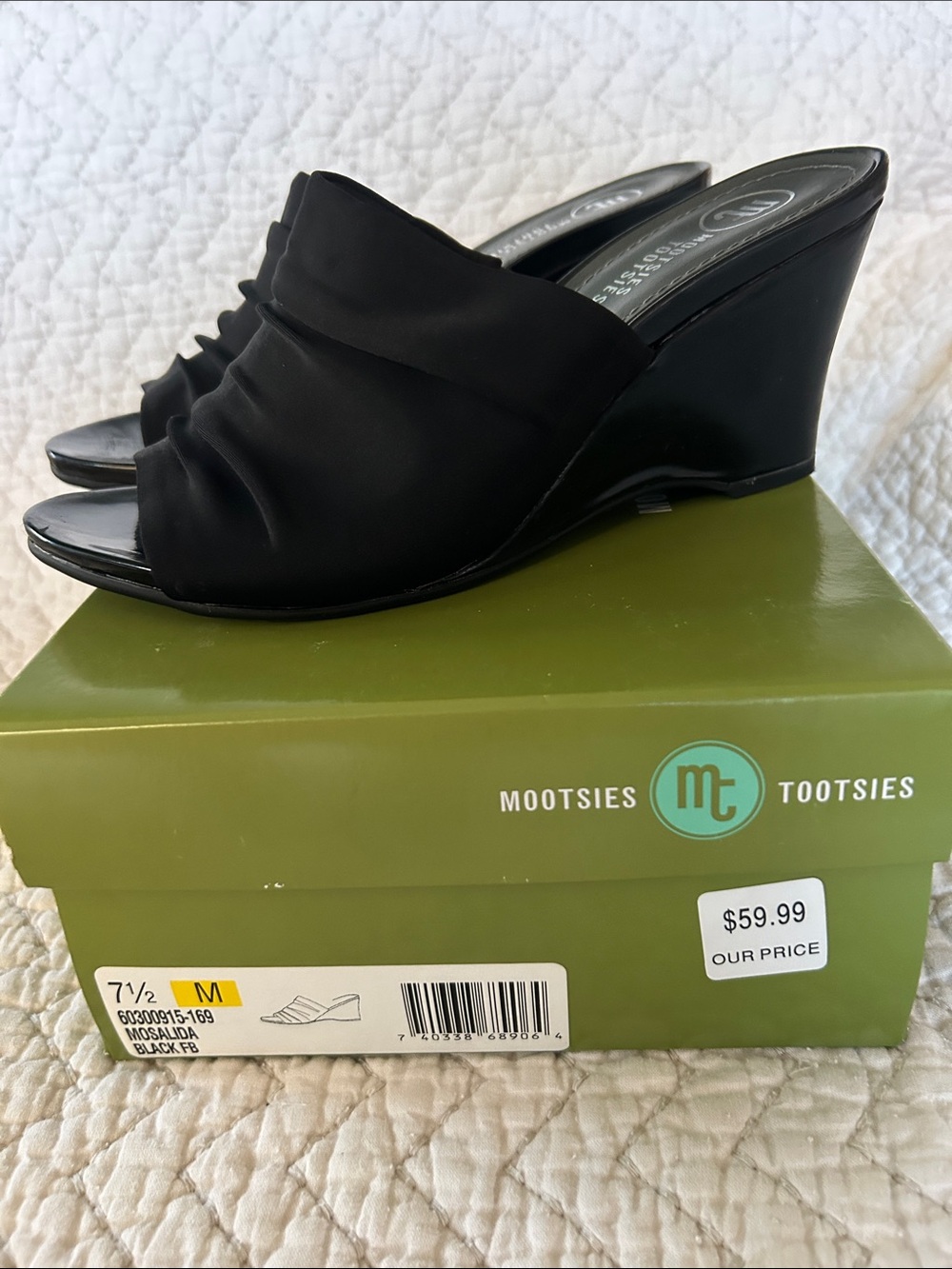 Mootsies Tootsies black Slide Mule ruched upper strap low Wedge heel Size7.5